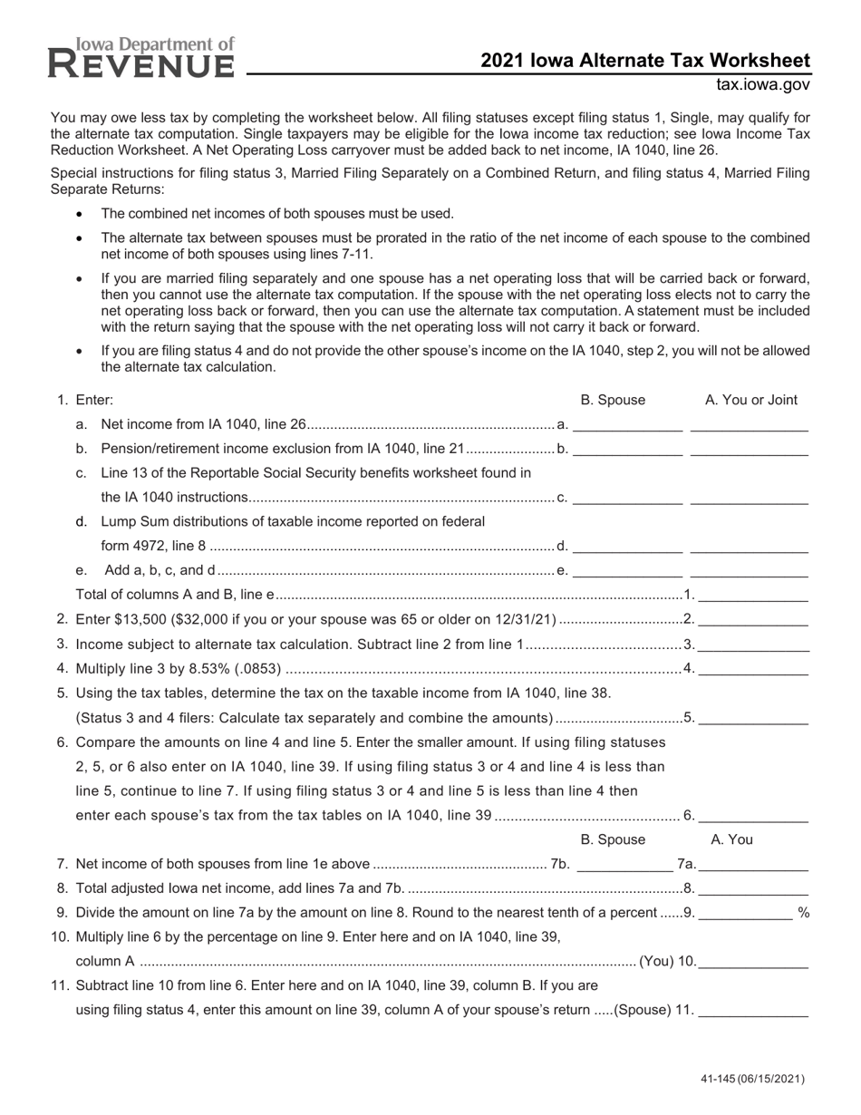 Form 41-145 Iowa Alternate Tax Worksheet - Iowa, Page 1