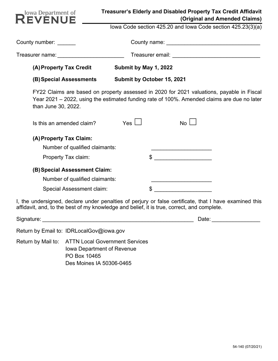 Form 54-140 Treasurers Elderly and Disabled Property Tax Credit Affidavit (Original and Amended Claims) - Iowa, Page 1