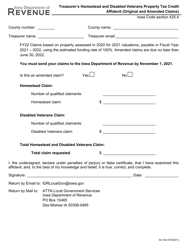 Document preview: Form 54-142 Treasurer's Homestead and Disabled Veterans Property Tax Credit Affidavit (Original and Amended Claims) - Iowa