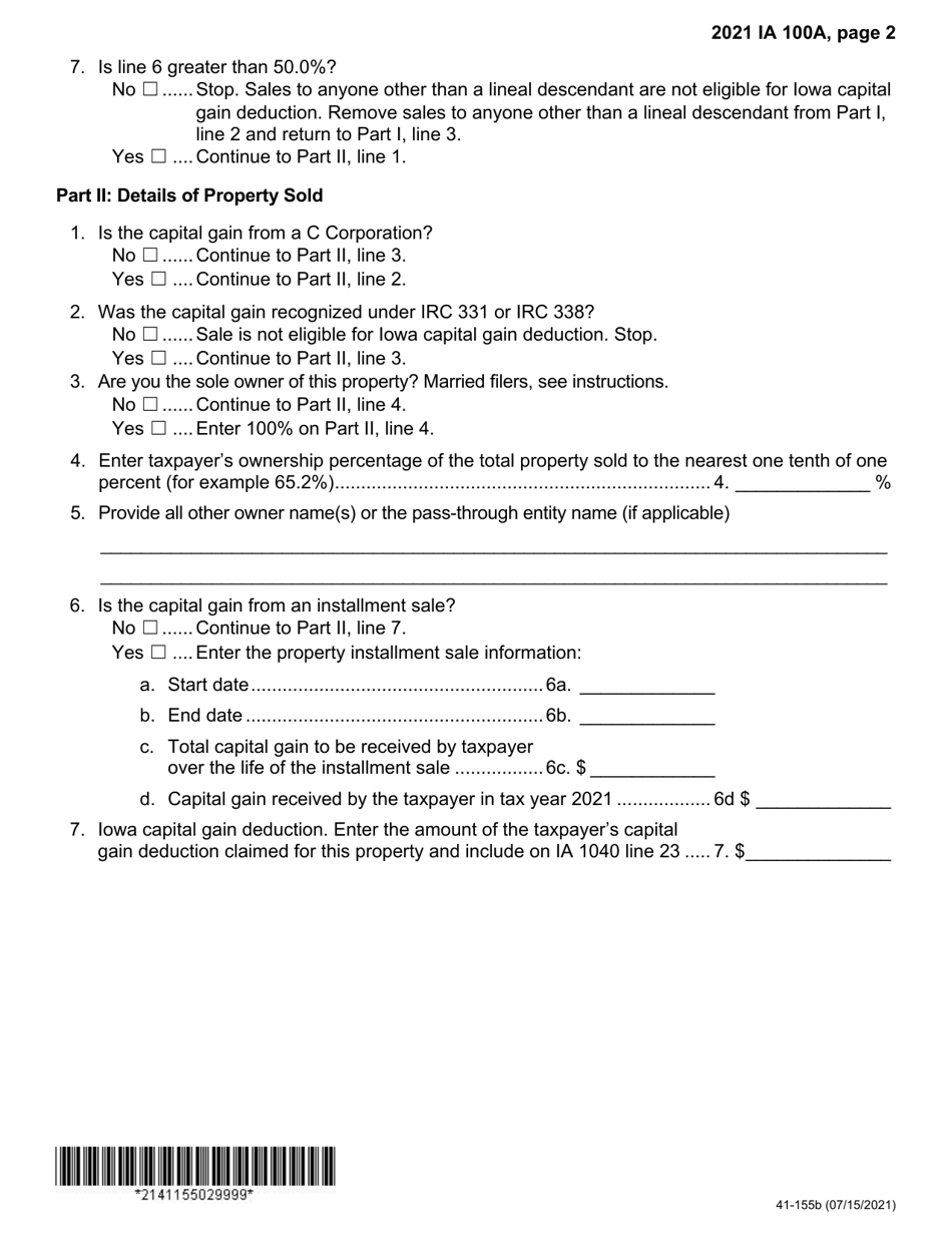 Form IA100A (41-155) Iowa Capital Gain Deduction - Cattle, Horses, or Breeding Livestock - Iowa, Page 2