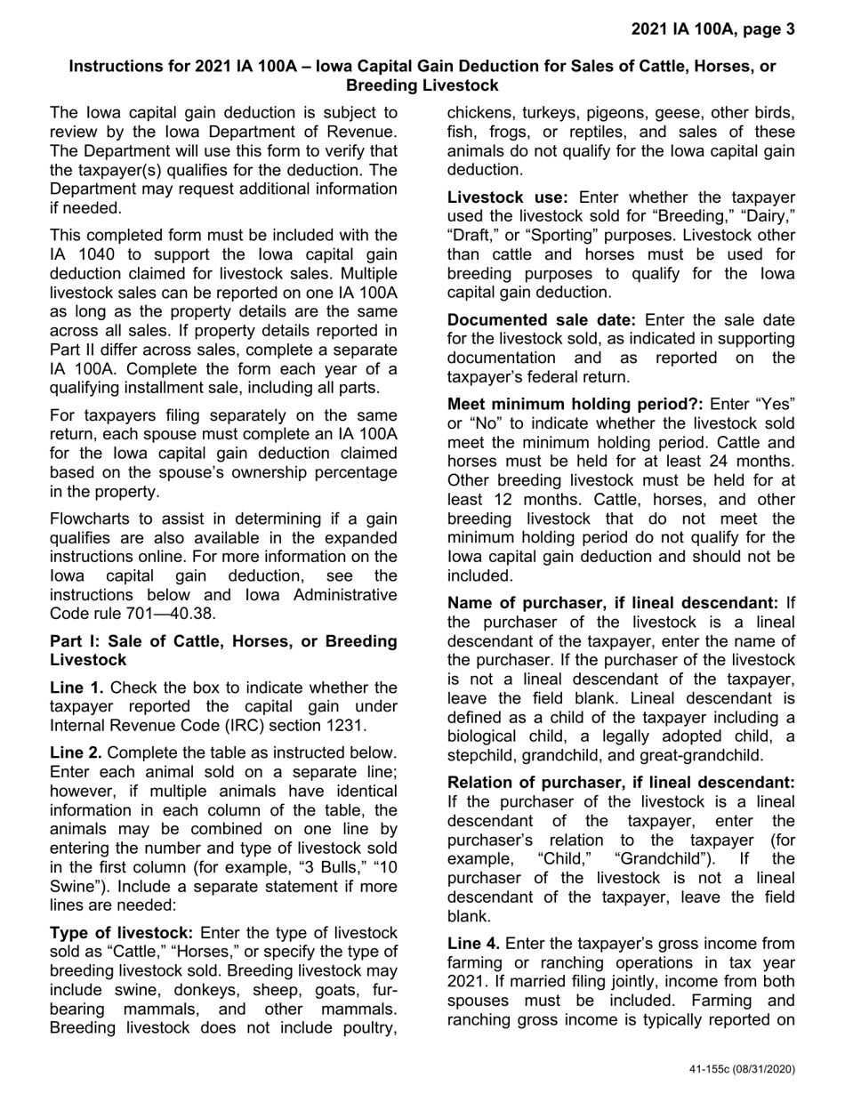 Form IA100A (41-155) Iowa Capital Gain Deduction - Cattle, Horses, or Breeding Livestock - Iowa, Page 3