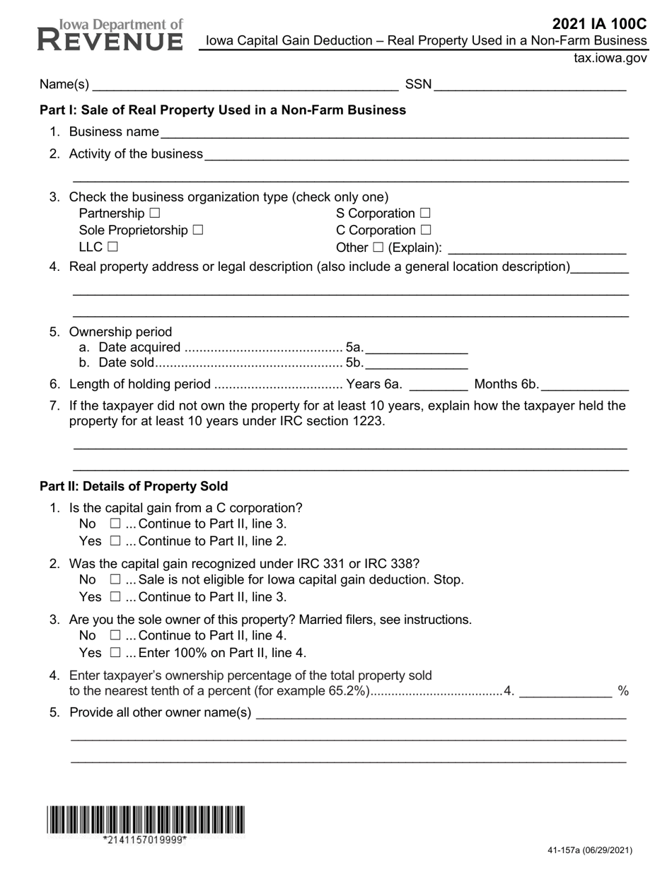 Form IA100C (41-157) Iowa Capital Gain Deduction - Real Property Used in a Non-farm Business - Iowa, Page 1