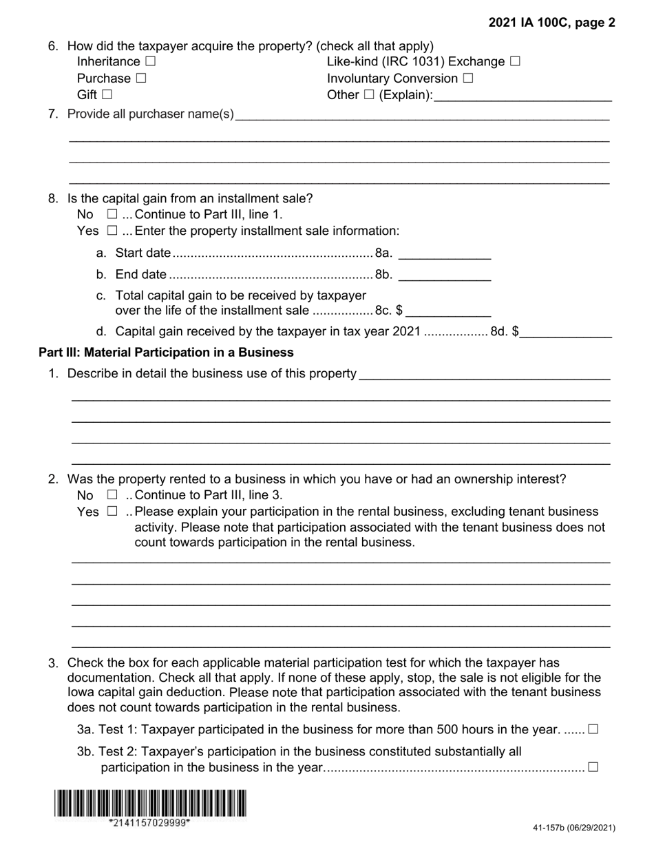 Form IA100C (41-157) Iowa Capital Gain Deduction - Real Property Used in a Non-farm Business - Iowa, Page 2