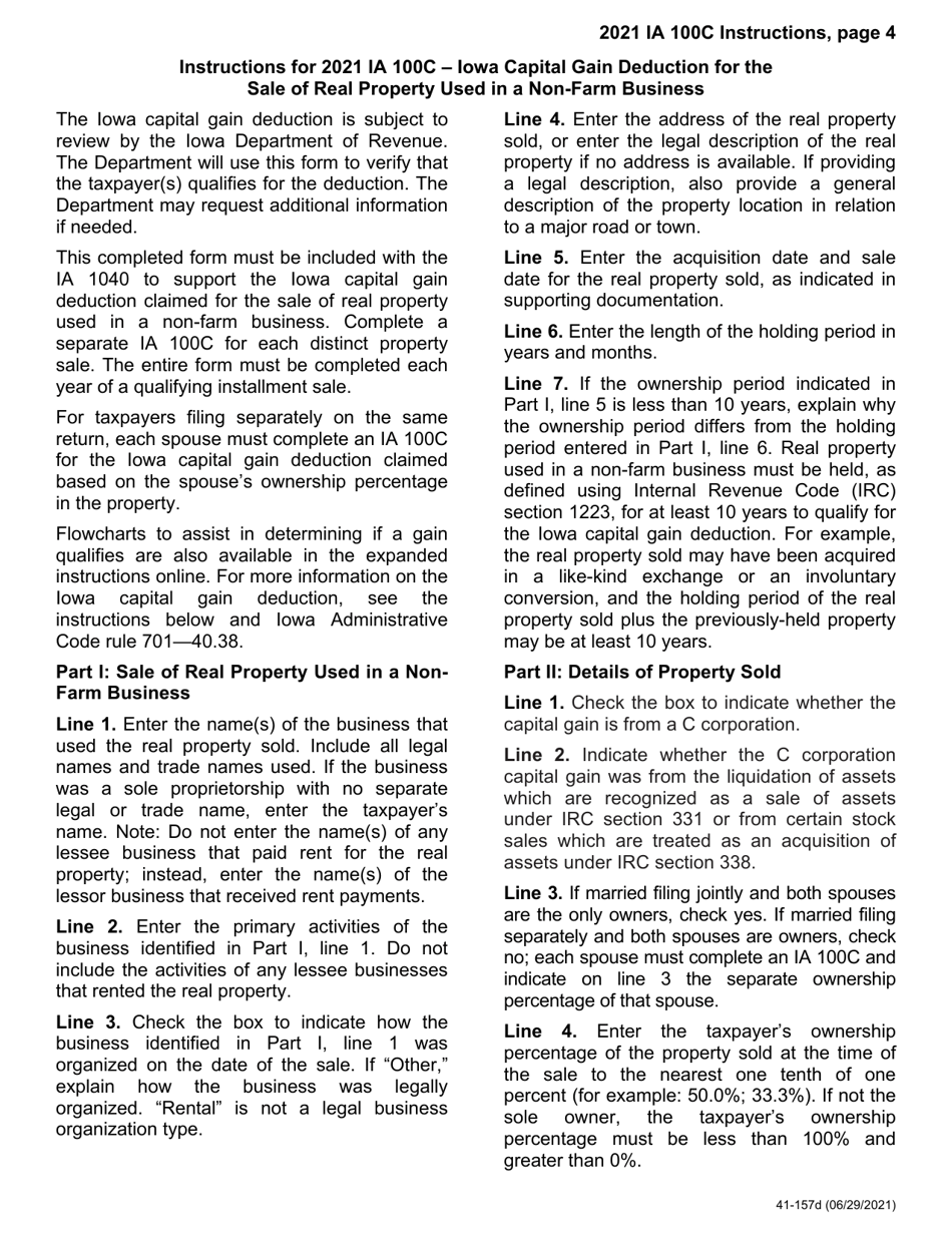 Form IA100C (41-157) Iowa Capital Gain Deduction - Real Property Used in a Non-farm Business - Iowa, Page 4