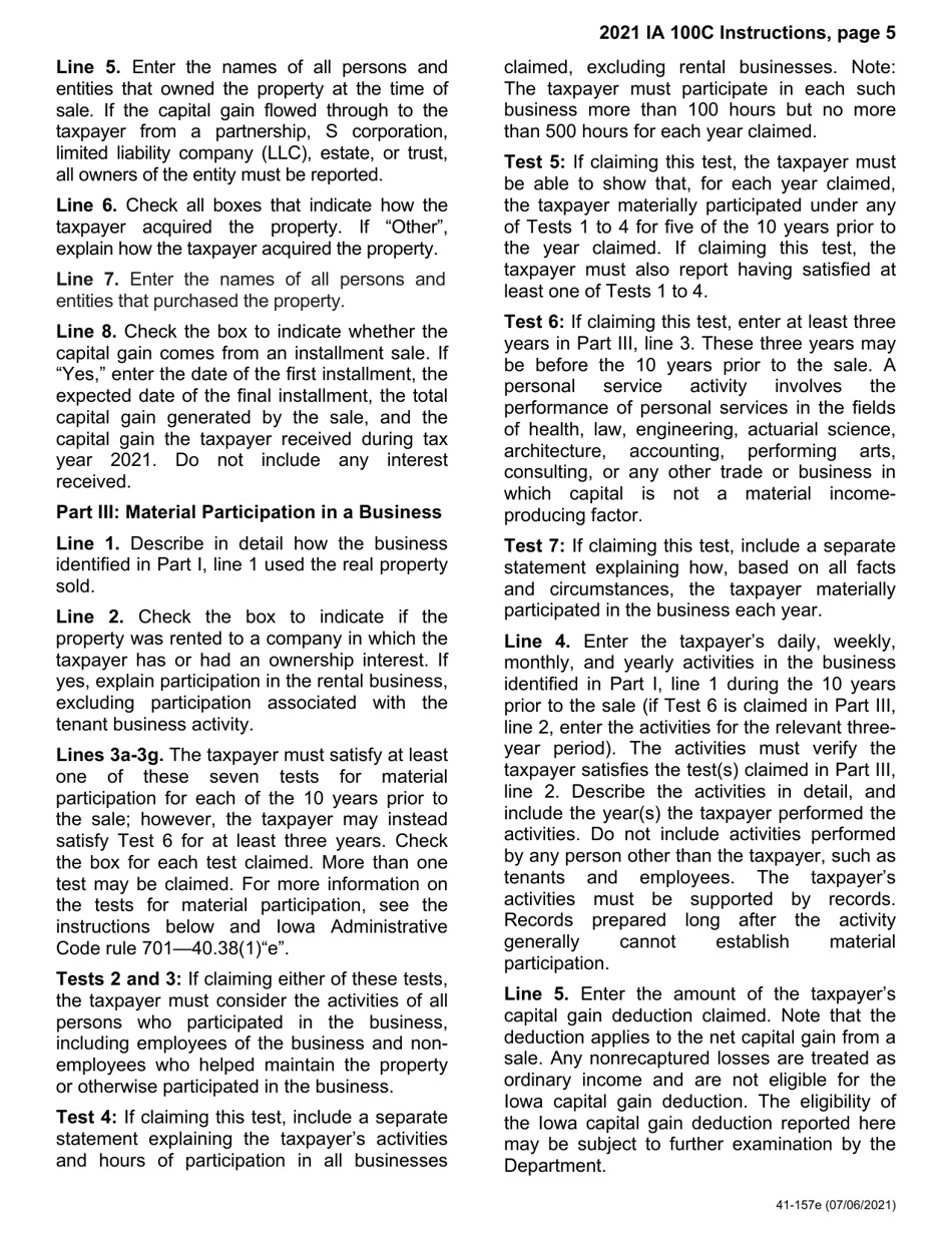 Form IA100C (41-157) Iowa Capital Gain Deduction - Real Property Used in a Non-farm Business - Iowa, Page 5