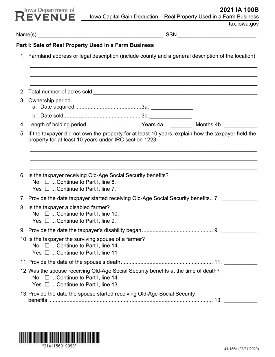 Form IA100B (41-156) Iowa Capital Gain Deduction - Real Property Used in a Farm Business - Iowa, Page 1