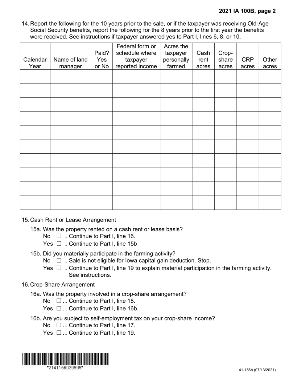 Form IA100B (41-156) Iowa Capital Gain Deduction - Real Property Used in a Farm Business - Iowa, Page 2