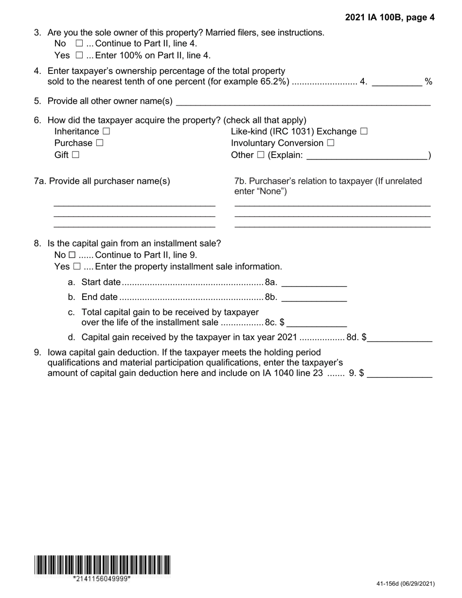 Form IA100B (41-156) Iowa Capital Gain Deduction - Real Property Used in a Farm Business - Iowa, Page 4