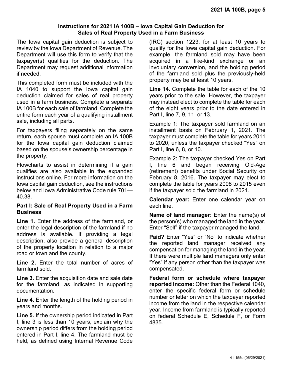 Form IA100B (41-156) Iowa Capital Gain Deduction - Real Property Used in a Farm Business - Iowa, Page 5