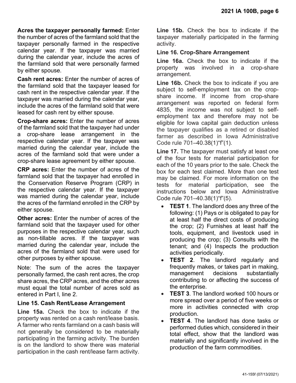 Form IA100B (41-156) Iowa Capital Gain Deduction - Real Property Used in a Farm Business - Iowa, Page 6