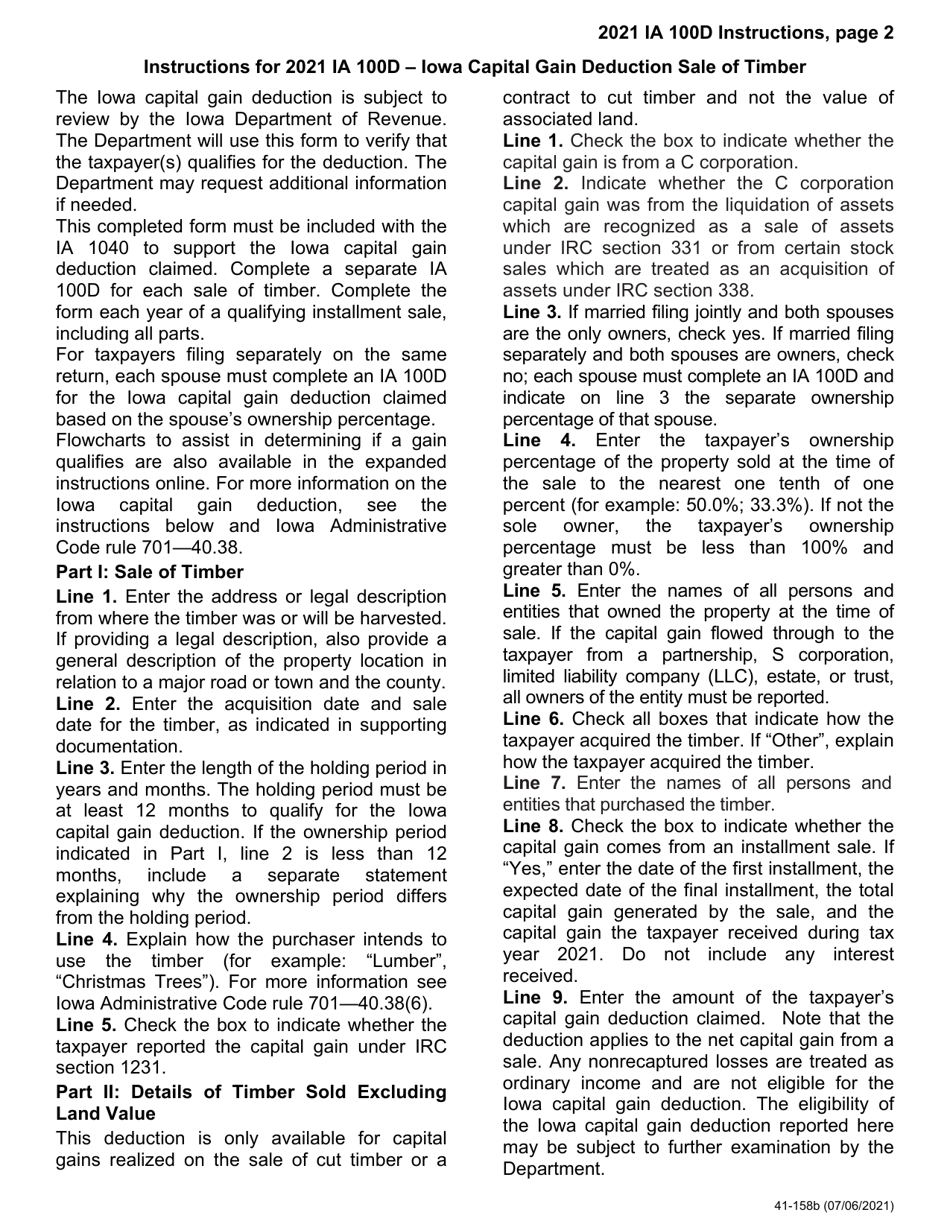 Form IA100D (41-158) Iowa Capital Gain Deduction - Timber - Iowa, Page 2