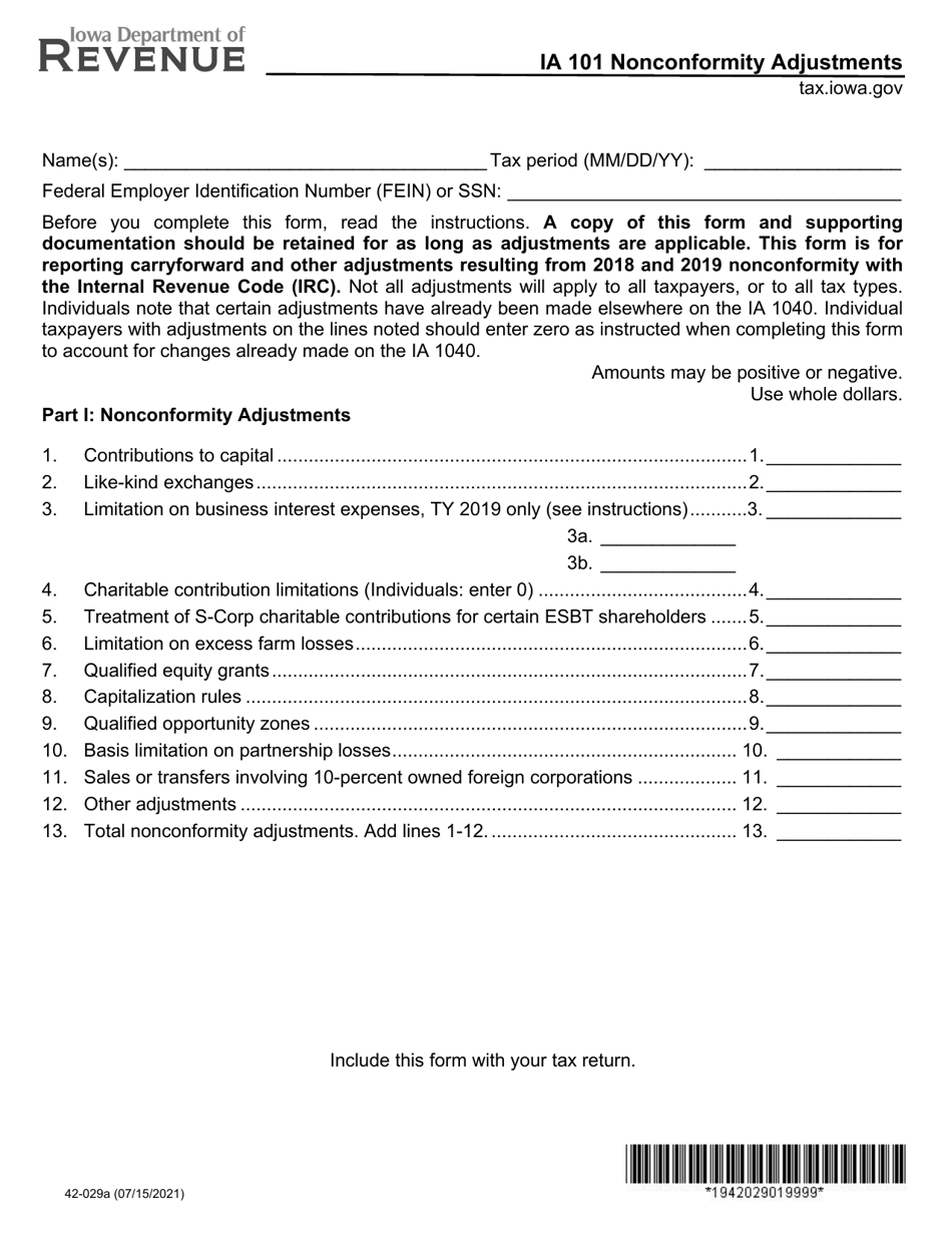 Form IA101 (42-029) Nonconformity Adjustments - Iowa, Page 1