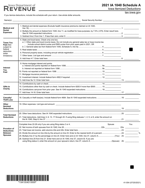 Form IA1040 (41-004) Schedule A 2021 Printable Pdf