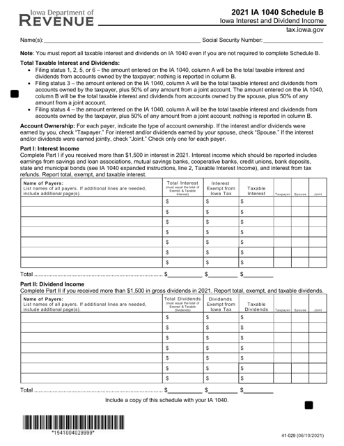 Form IA1040 (41-029) Schedule B 2021 Printable Pdf