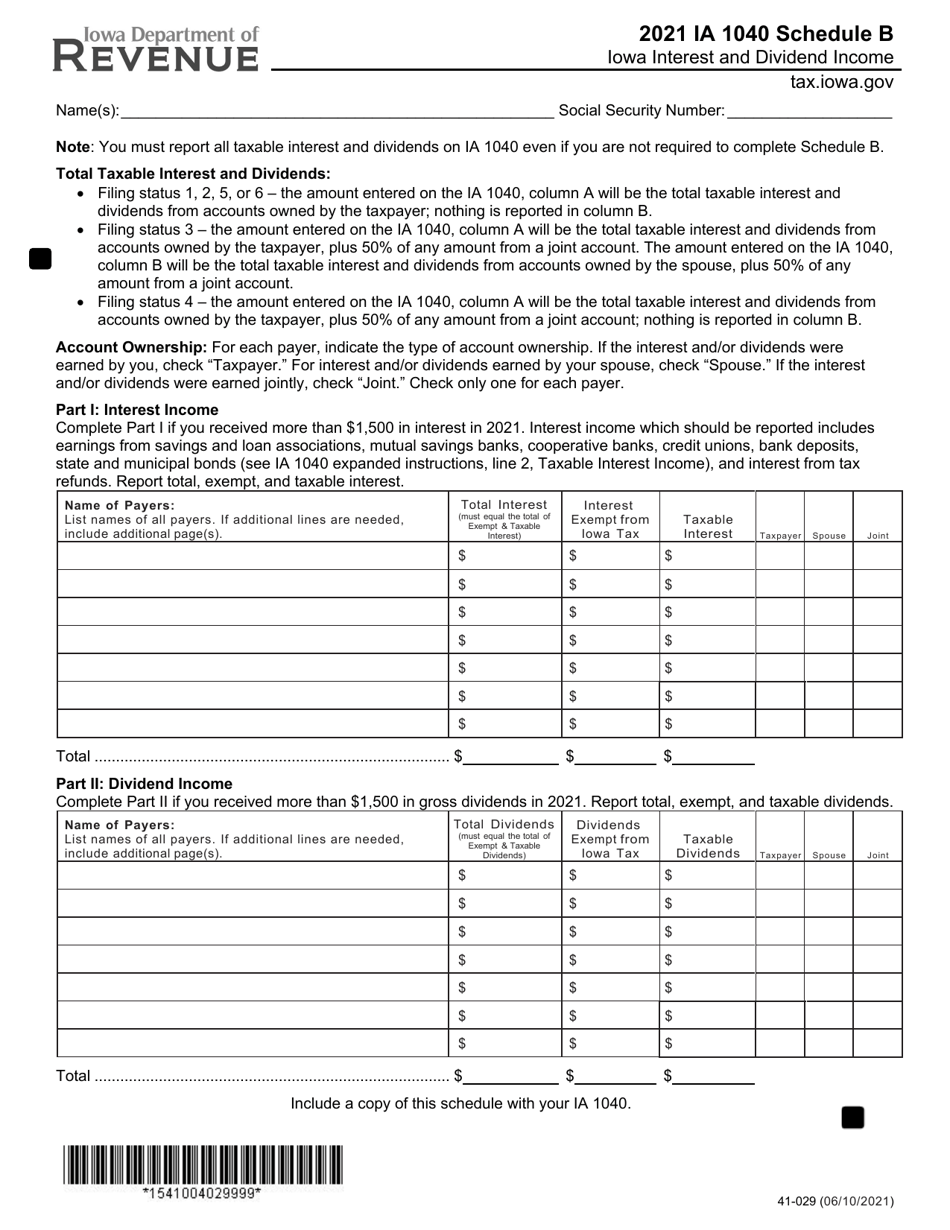 Form IA1040 (41-029) Schedule B Iowa Interest and Dividend Income - Iowa, Page 1