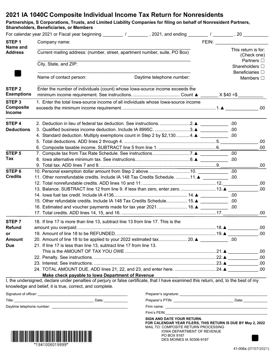 Form IA1040C (41-006) Composite Individual Income Tax Return for Nonresidents - Iowa, Page 1