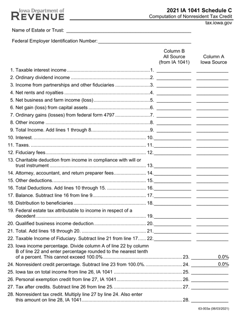 Form IA1041 (63-003) Schedule C Computation of Nonresident Tax Credit - Iowa, 2021