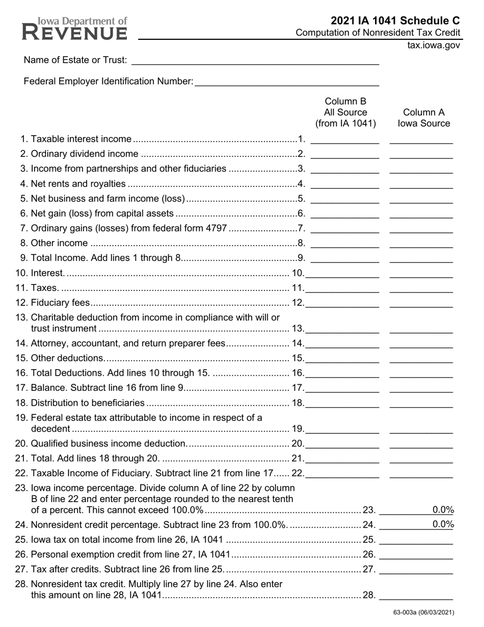 Form IA1041 (63-003) Schedule C Computation of Nonresident Tax Credit - Iowa, Page 1