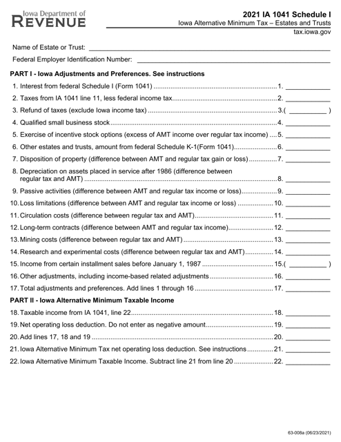 Form IA1041 (63-008) Schedule I Iowa Alternative Minimum Tax - Estates and Trusts - Iowa, 2021