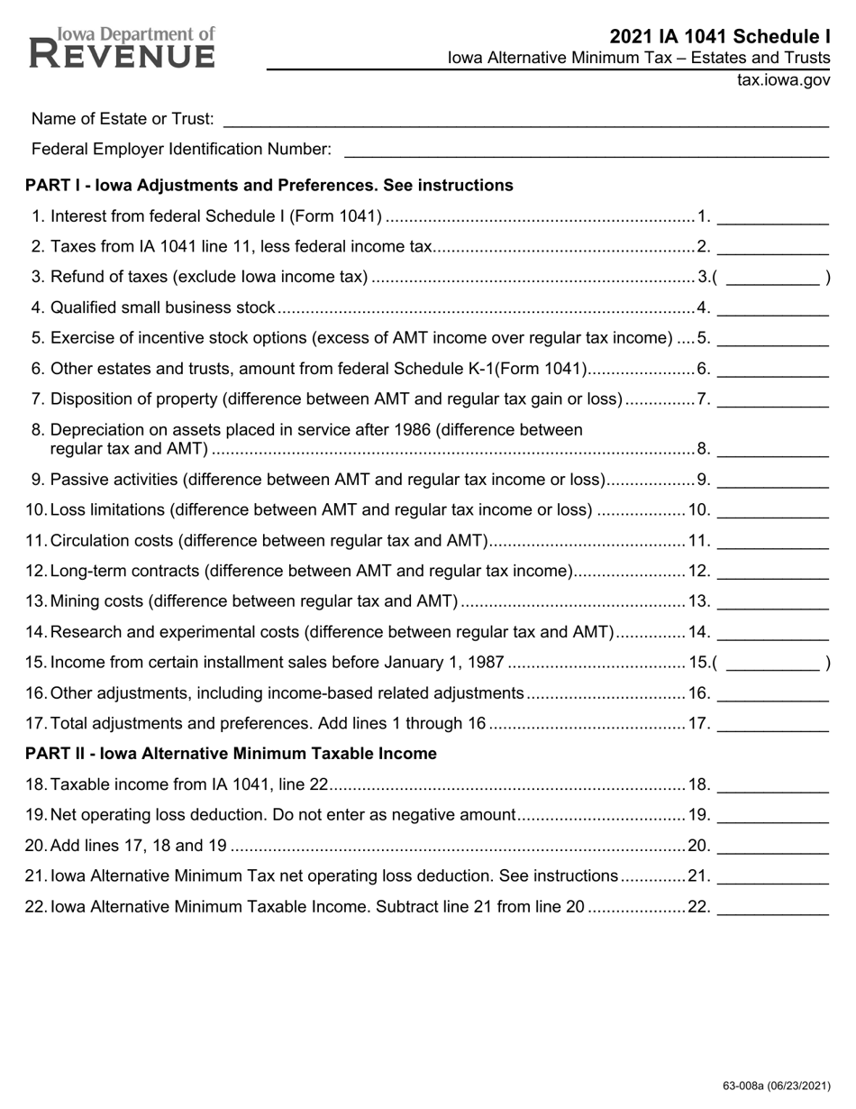 Form IA1041 (63-008) Schedule I Iowa Alternative Minimum Tax - Estates and Trusts - Iowa, Page 1