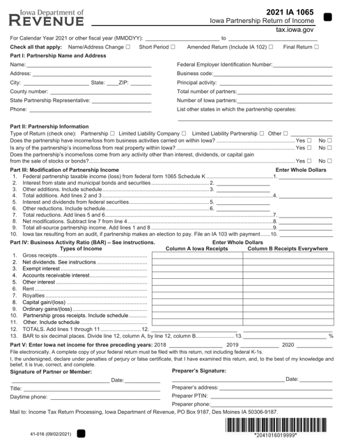 Form IA1065 (41-016) 2021 Printable Pdf