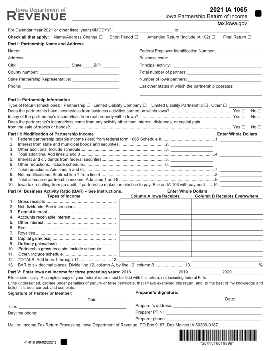 Form IA1065 (41-016) Iowa Partnership Return of Income - Iowa, Page 1