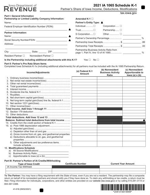 Document preview: Form IA1065 (41-018) Schedule K-1 Partner's Share of Iowa Income, Deductions, Modifications - Iowa