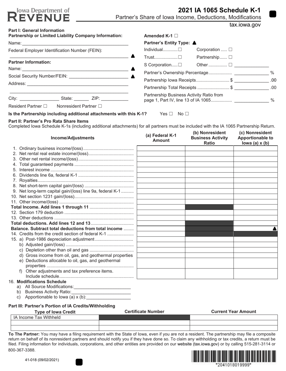 Form IA1065 (41-018) Schedule K-1 Partners Share of Iowa Income, Deductions, Modifications - Iowa, Page 1