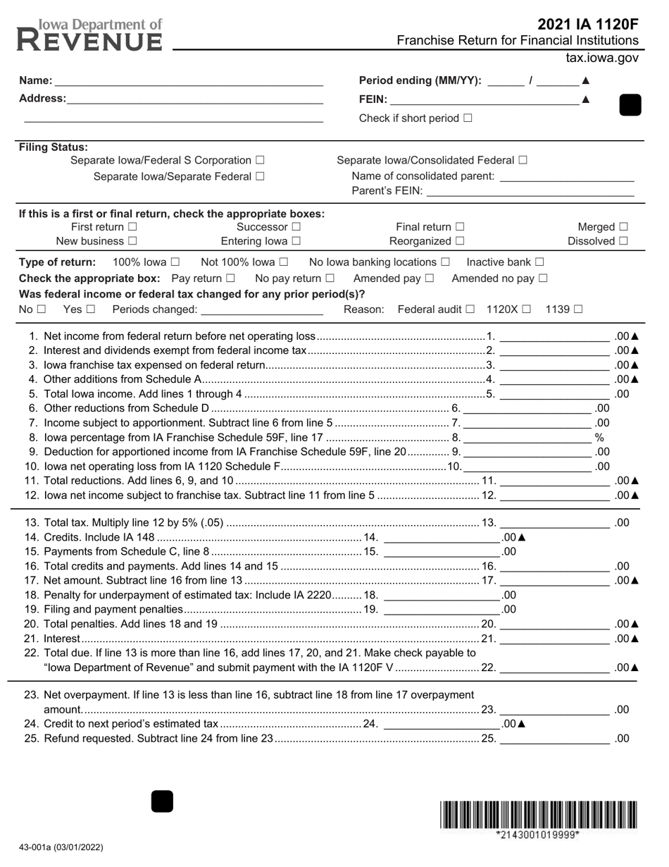 Form IA1120F (43-001) Franchise Return for Financial Institutions - Iowa, Page 1