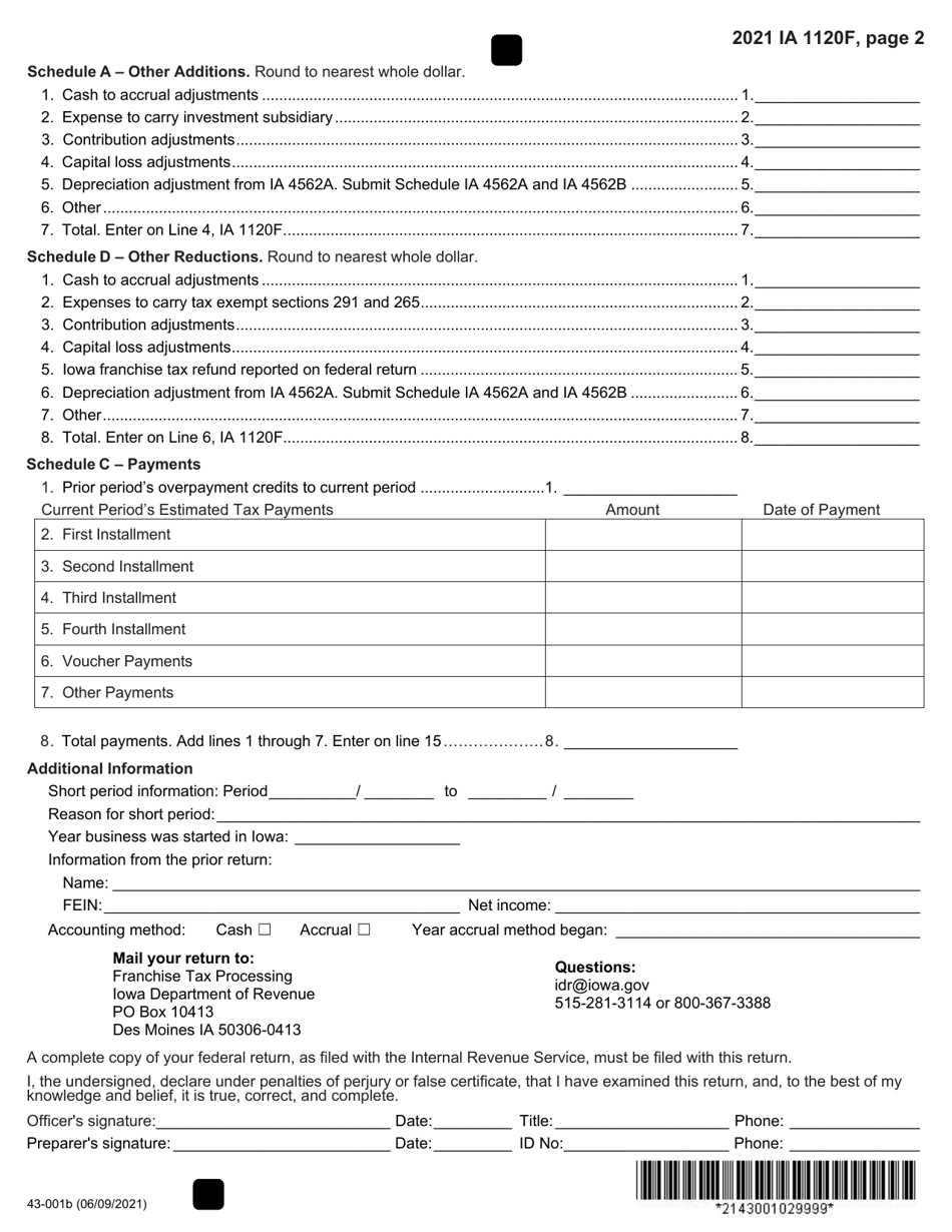 Form IA1120F (43-001) Franchise Return for Financial Institutions - Iowa, Page 2