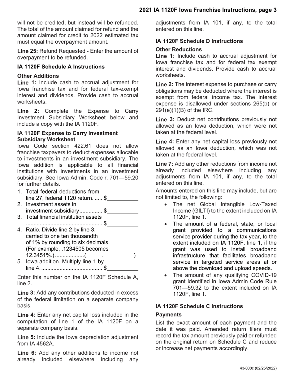 Instructions for Form IA1120F, 43-001 Franchise Return for Financial Institutions - Iowa, Page 3
