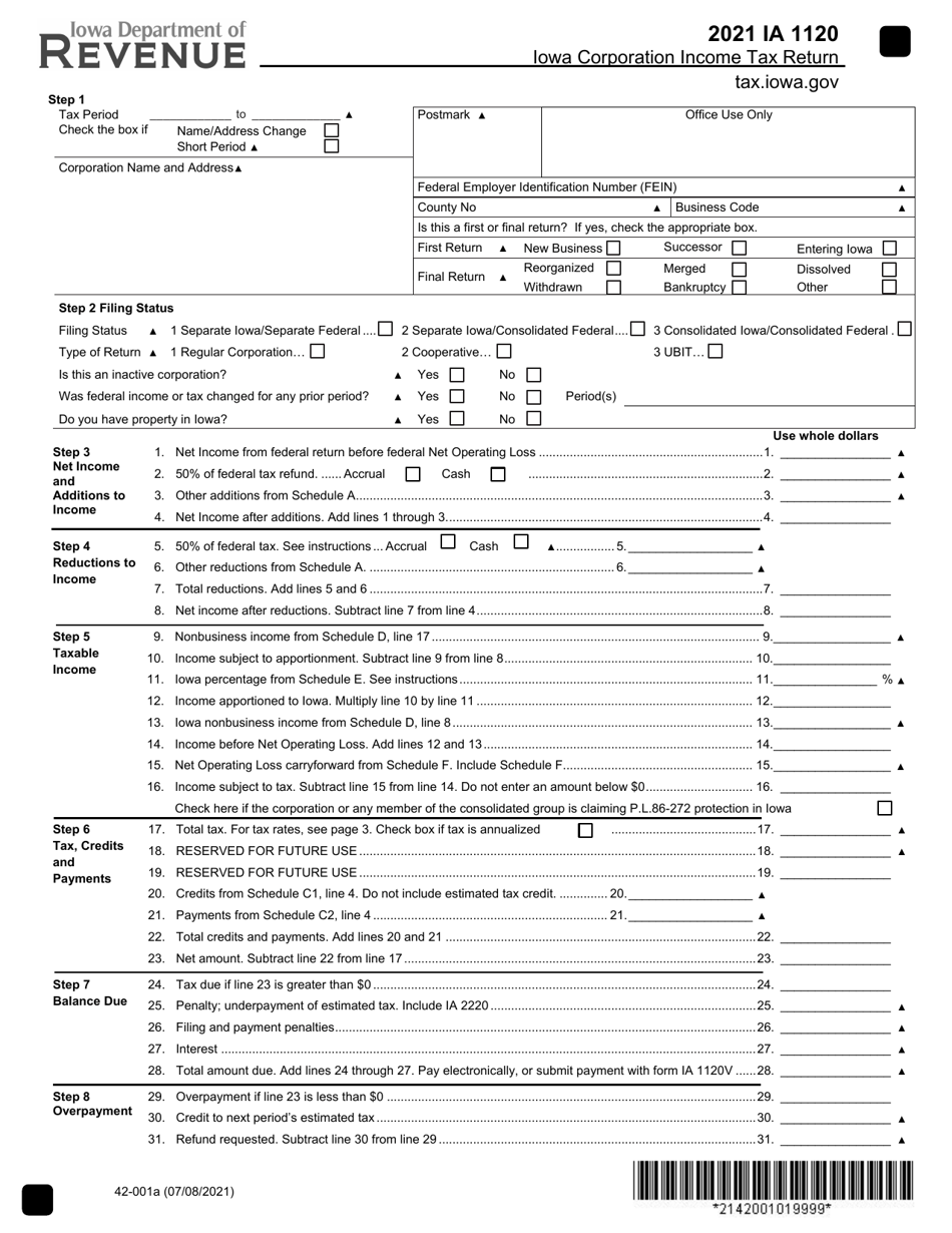 Form IA1120 (42-001) Iowa Corporation Income Tax Return - Iowa, Page 1