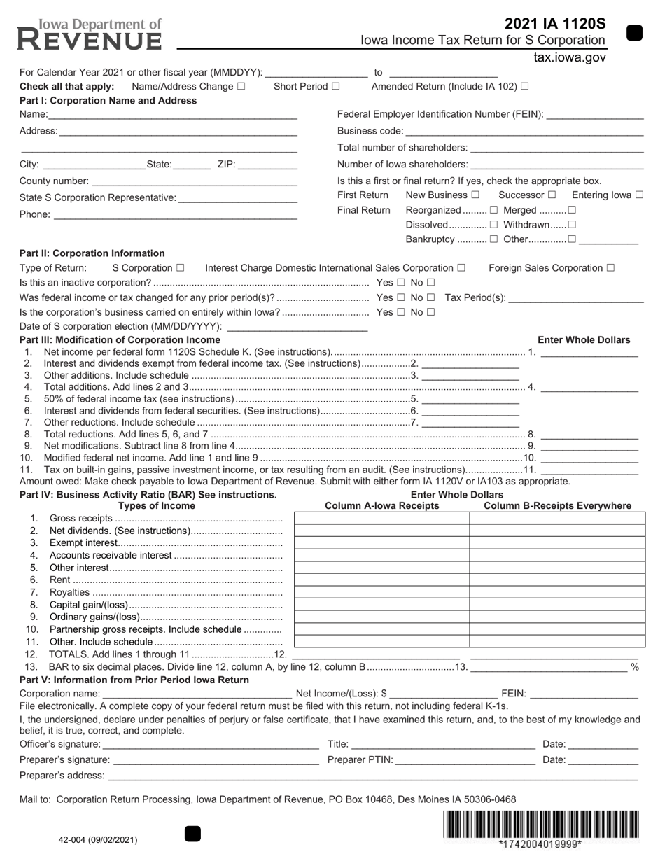 Form IA1120S (42-004) Iowa Income Tax Return for S Corporation - Iowa, Page 1