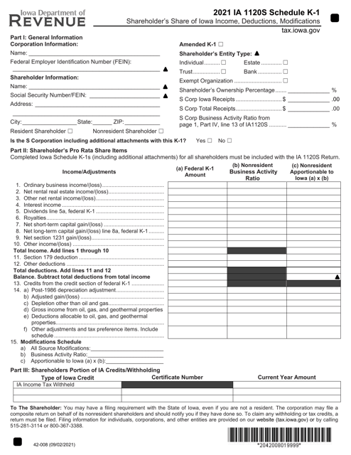Form IA1120S (42-008) Schedule K-1 2021 Printable Pdf