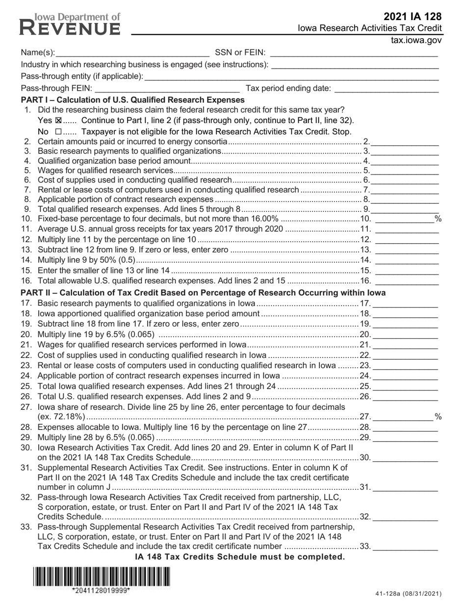 Form IA128 (41-128) Iowa Research Activities Tax Credit - Iowa, Page 1