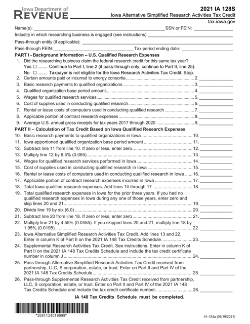 Form IA128S (41-124) 2021 Printable Pdf