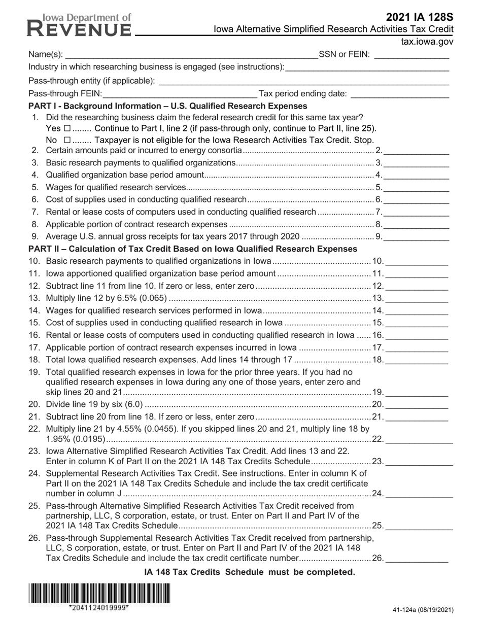 Form IA128S (41-124) Iowa Alternative Simplified Research Activities Tax Credit - Iowa, Page 1