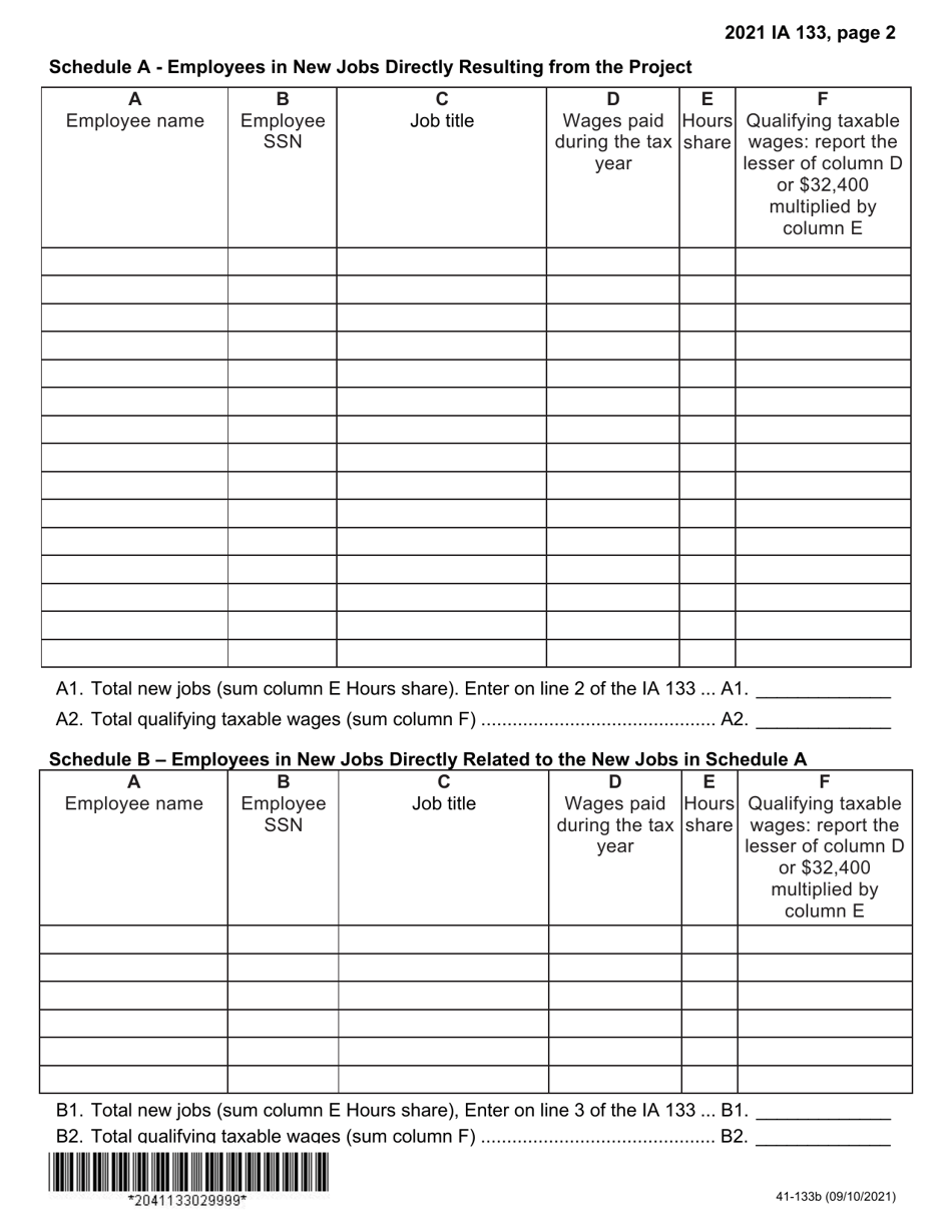 Form IA133 (41-133) Iowa New Jobs Tax Credit - Iowa, Page 2
