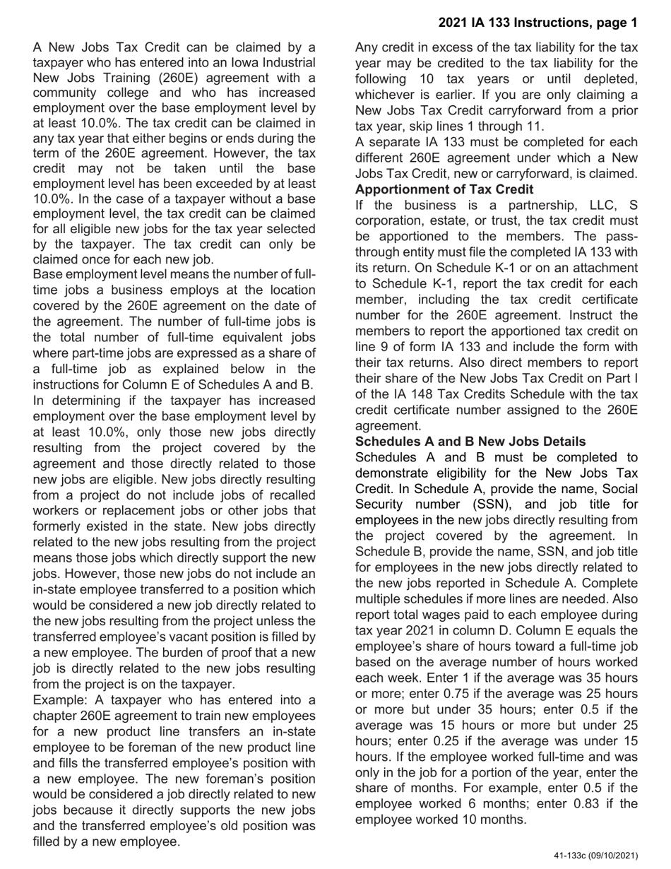 Form IA133 (41-133) Iowa New Jobs Tax Credit - Iowa, Page 3