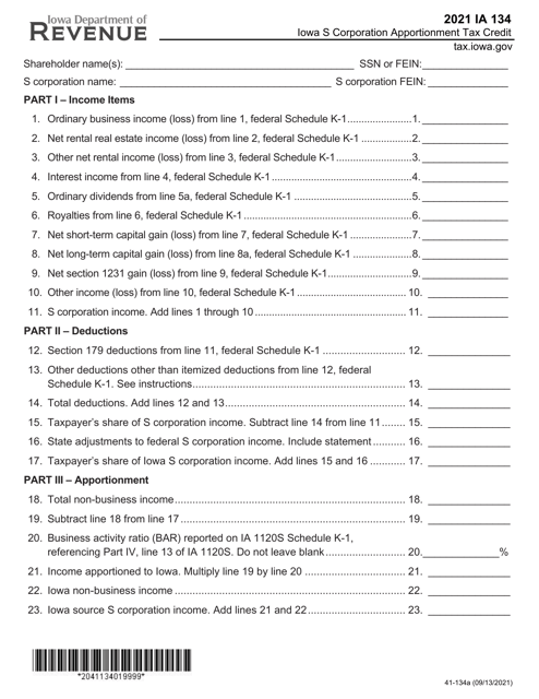 Form IA134 (41-134) 2021 Printable Pdf