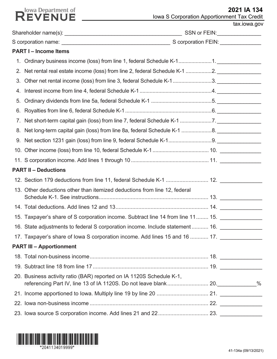 Form IA134 (41-134) Iowa S Corporation Apportionment Tax Credit - Iowa, Page 1