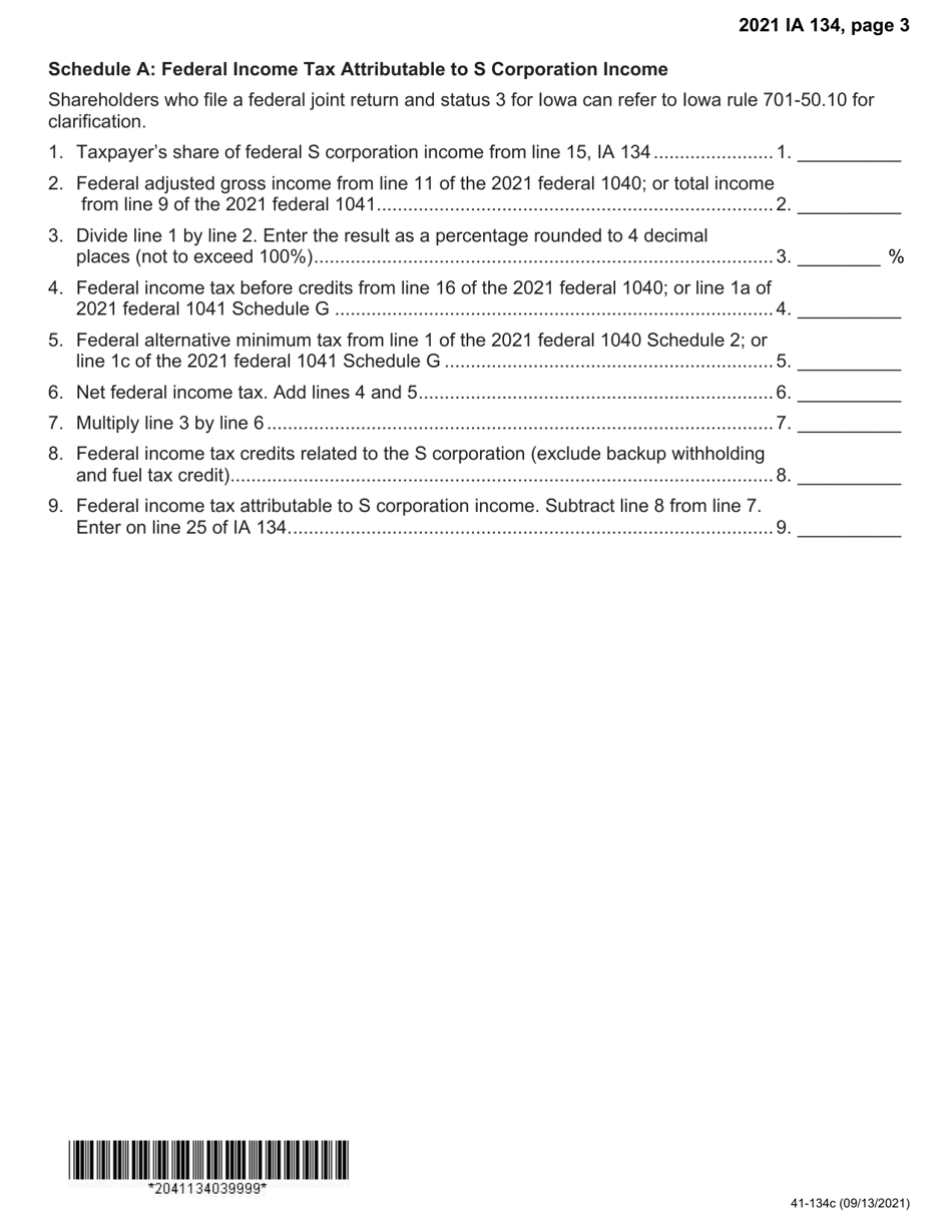 Form IA134 (41-134) Iowa S Corporation Apportionment Tax Credit - Iowa, Page 3