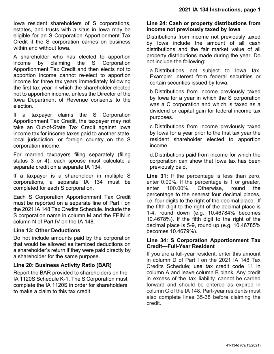 Form IA134 (41-134) Iowa S Corporation Apportionment Tax Credit - Iowa, Page 4