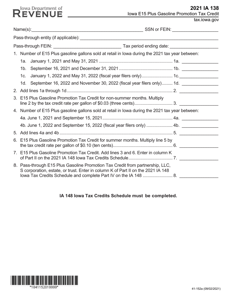 Form IA138 (41-152) Iowa E85 Gasoline Promotion Tax Credit - Iowa, Page 1