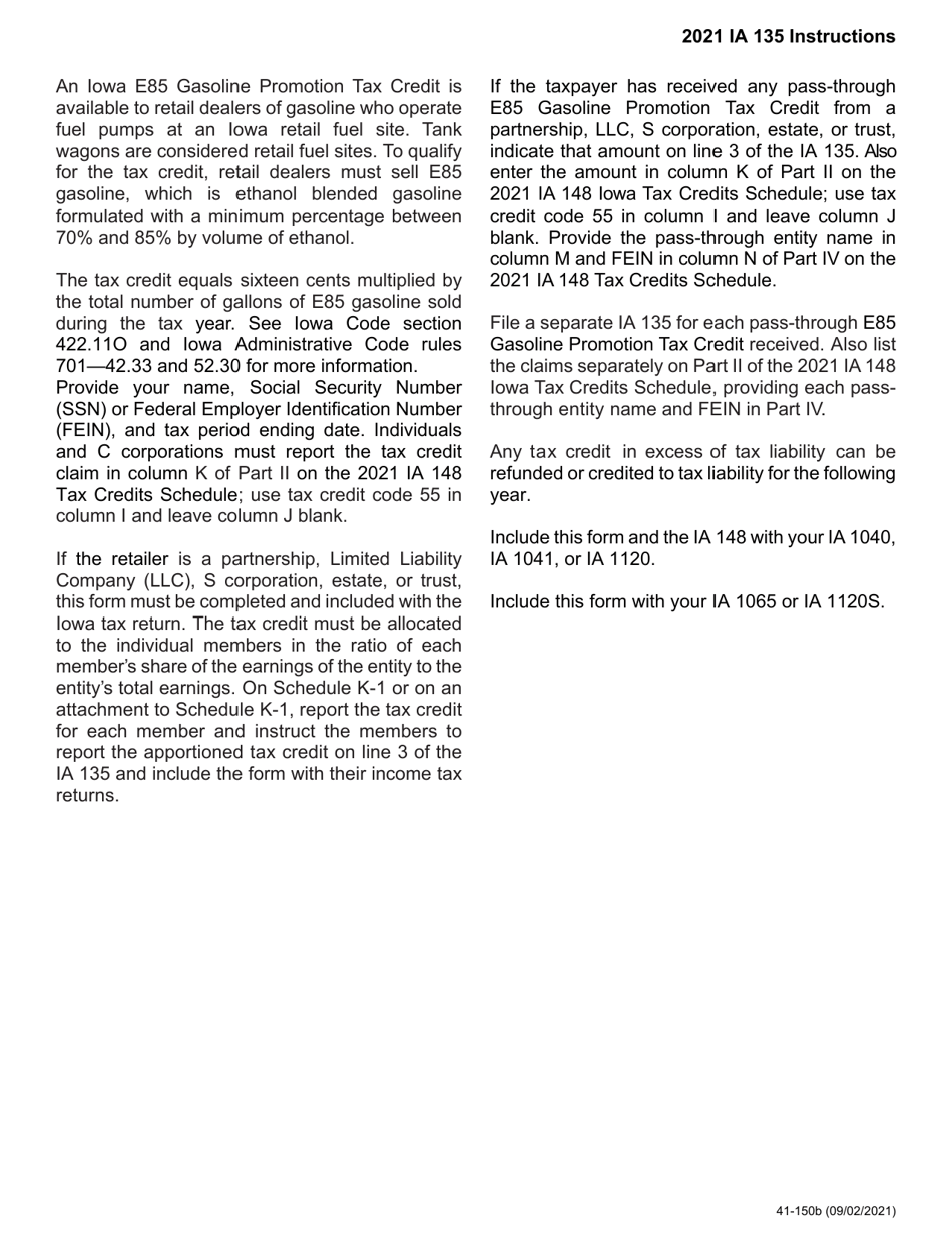 Form IA135 (41-150) Iowa E85 Gasoline Promotion Tax Credit - Iowa, Page 2