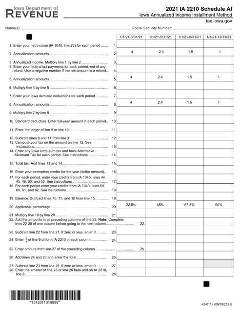 Form IA2210 (45-011) Iowa Annualized Income Installment Method - Iowa, 2021