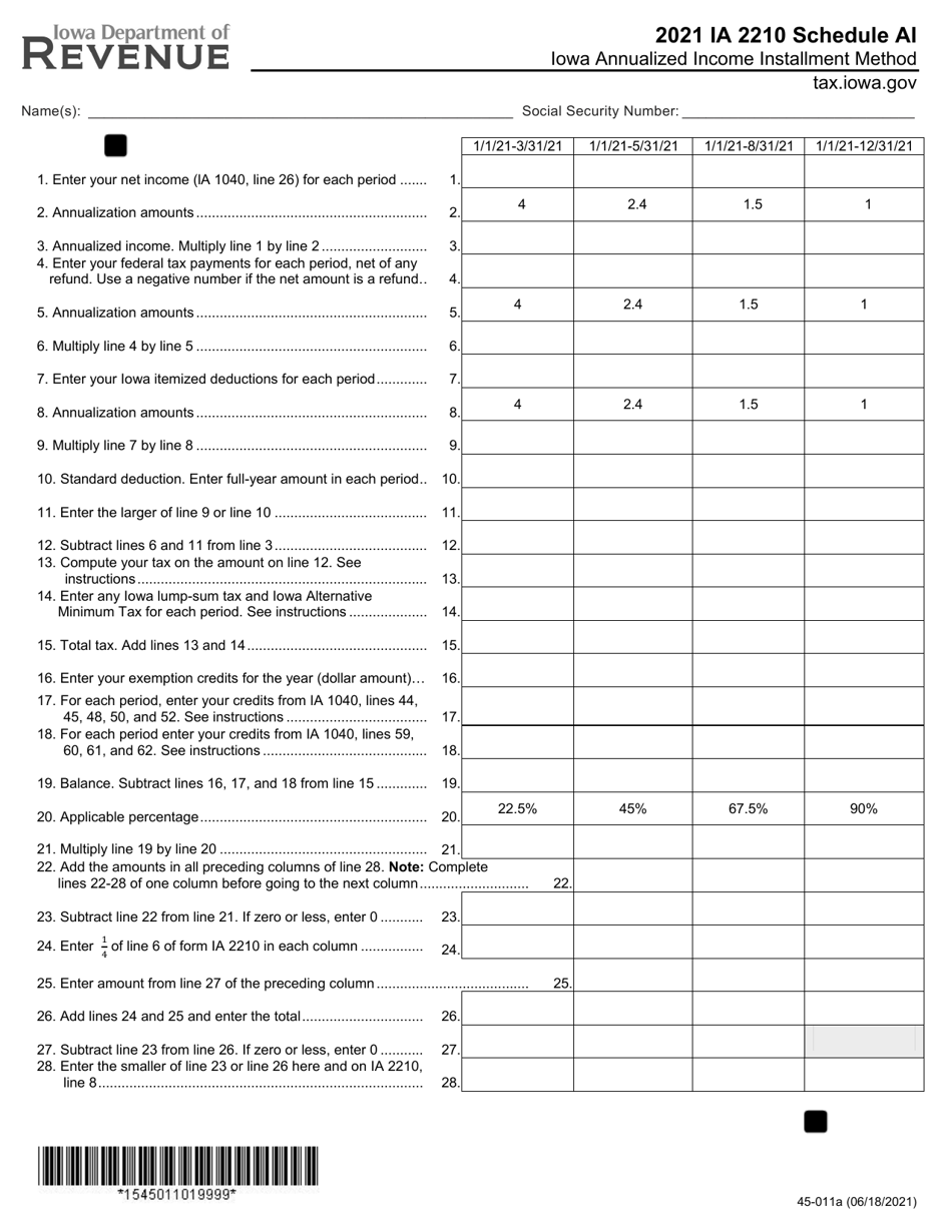 Form IA2210 (45-011) Iowa Annualized Income Installment Method - Iowa, Page 1