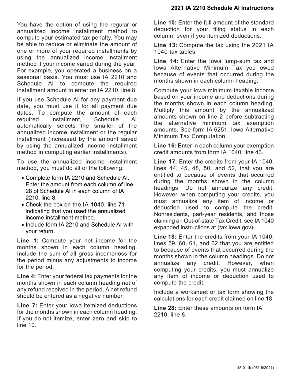 Form IA2210 (45-011) Iowa Annualized Income Installment Method - Iowa, Page 2