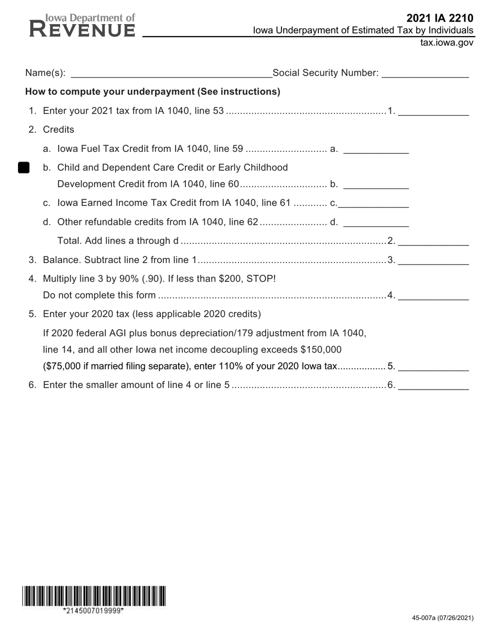 Form IA2210 (45-007) Iowa Underpayment of Estimated Tax by Individuals - Iowa, Page 1