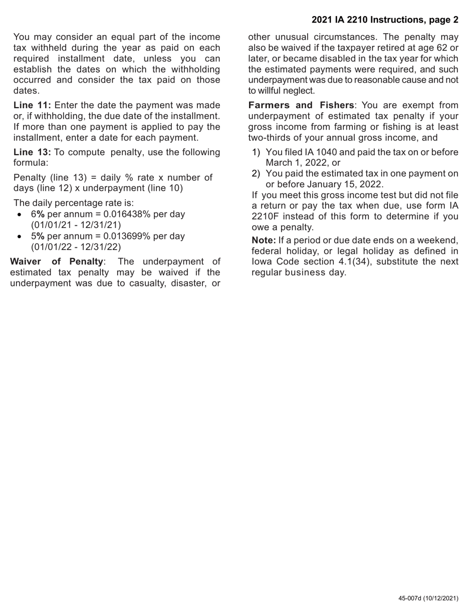Form IA2210 (45-007) Iowa Underpayment of Estimated Tax by Individuals - Iowa, Page 4